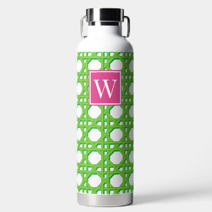 Preppy Lime Green Rattan Cane Lattice Monogram Water Bottle