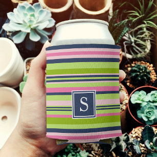 Preppy Lime, Pink and Navy Stripe Monogram Can Cooler