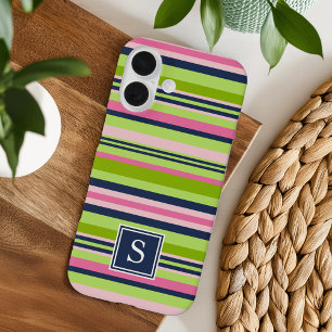 Preppy Lime, Pink and Navy Stripe Monogram iPhone 16 Case