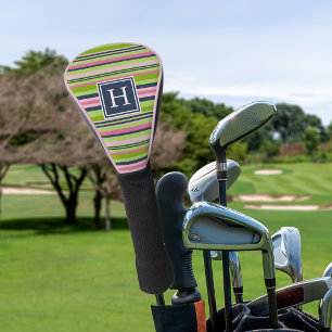 Preppy Lime, Pink and Navy Stripe Monogram Golf Head Cover