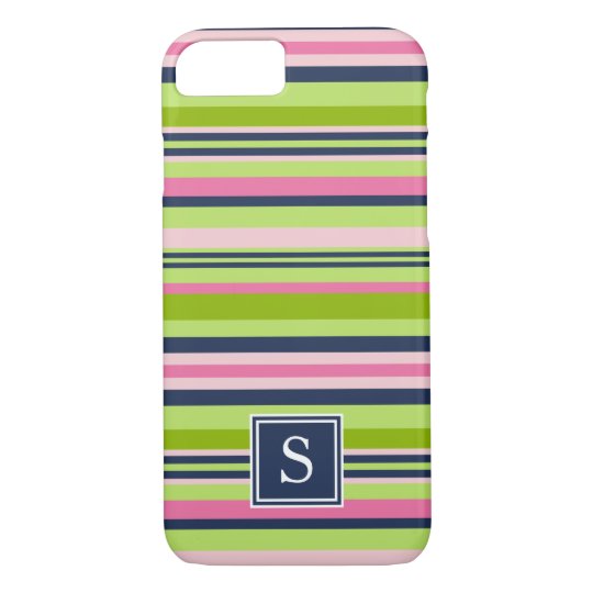 Preppy Lime, Pink and Navy Stripe Monogram iPhone 8/7 Case