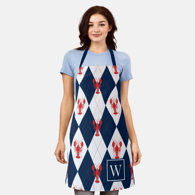 Preppy Lobster Argyle - Red & Navy Monogram Apron (Worn)