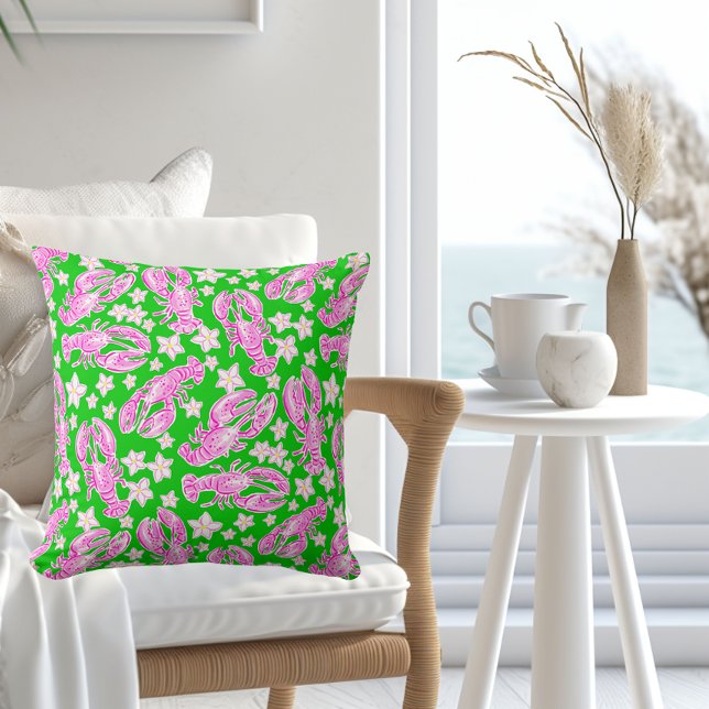 Preppy Lobster Flower Pink Green Pattern  Cushion (Creator Uploaded)