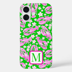 Preppy Lobster Flower Pink Green Pattern  Monogram iPhone 16 Case