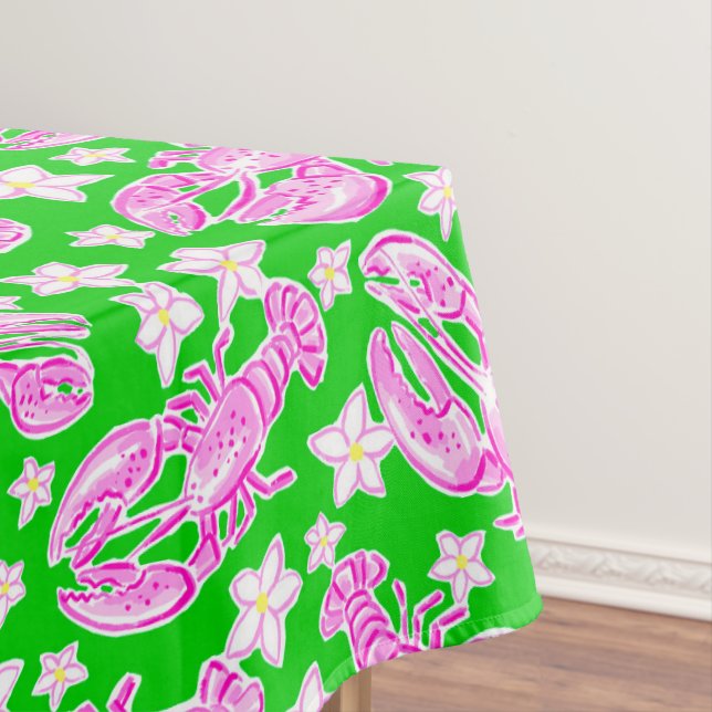 Preppy Lobster Flower Pink Green Pattern  Tablecloth (In Situ)