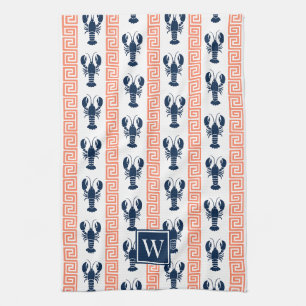 Preppy Lobster Greek Key  Coral & Navy Monogram Tea Towel