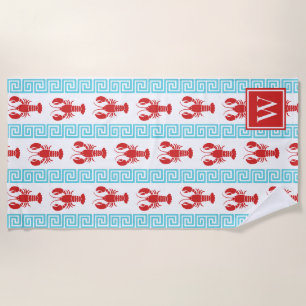 Preppy Lobster Greek Key Red & Turquoise Monogram Beach Towel