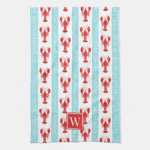 Preppy Lobster Greek Key Red & Turquoise Monogram Tea Towel