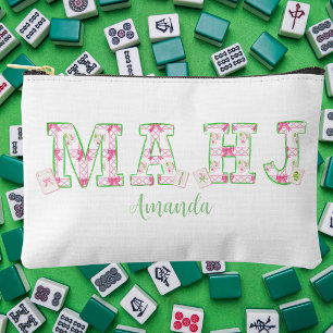 Preppy Mahjong / Pink Green Bow Tiles Personalised Accessory Pouch
