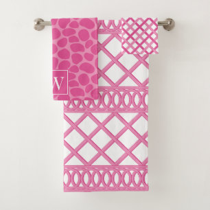 Preppy Maximilist Lattice Hot Pink & Pink Monogram Bath Towel Set