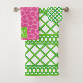 Preppy Maximilist Lattice Lime Green Pink Monogram Bath Towel Set