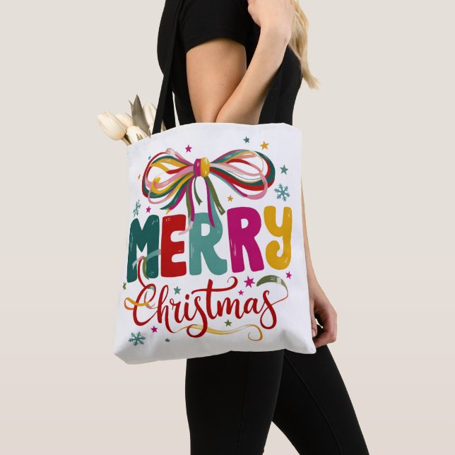 Preppy Merry Christmas Coquette Bow Xmas  Tote Bag (Close Up)