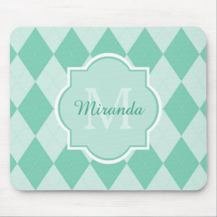 Preppy Mint Green Argyle Girly Monogram and Name Mouse Mat