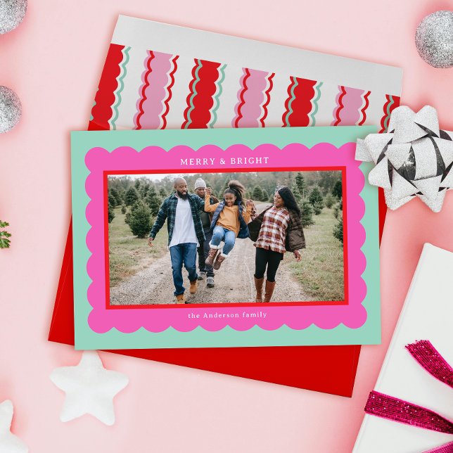 Preppy Mint Pink Red Simple Scallop Photo Frame Holiday Card (Preppy and pretty mint, pink, and red scalloped holiday photo card)