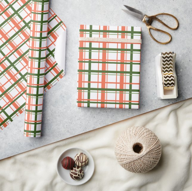 Preppy Modern Coral and Green Tartan Plaid Holiday Wrapping Paper (Crafts)
