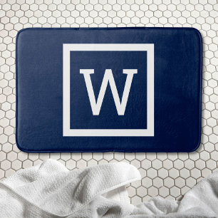 Preppy Modern Monogram Navy Blue Bath Mat