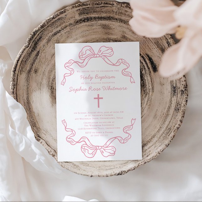 Preppy Modern Pink Gingham Bow Baptism Invitation (Creator Uploaded)