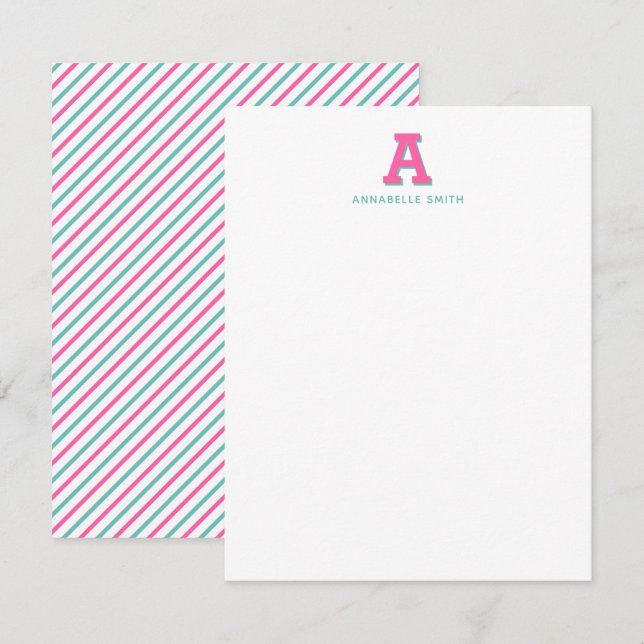 Preppy Monogram and Stripe Note Card (Front/Back)