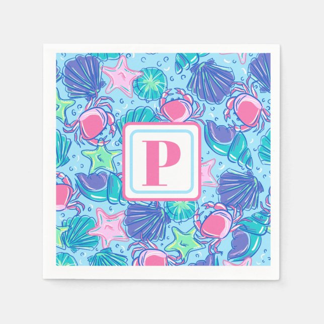 Preppy Monogram Beach Shell Crab Napkin (Front)