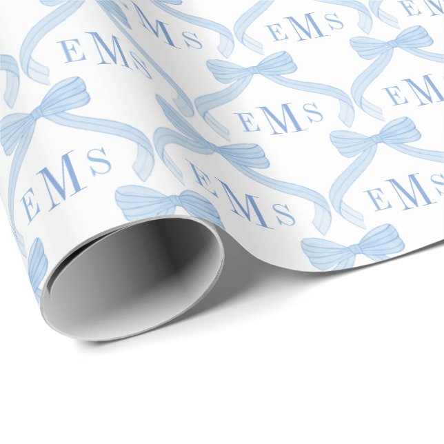 Preppy Monogram Blue Bows Baby Boy  Wrapping Paper (Roll Corner)