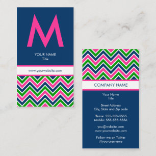Preppy Monogram Chevron Business Card - Pink/Navy