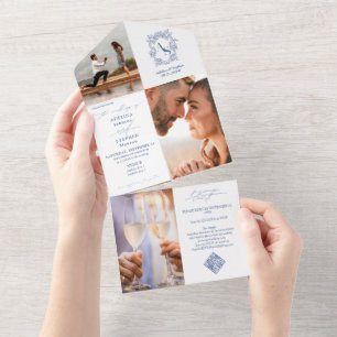 Preppy Monogram Crest 3 Photo QR Code Blue Wedding All In One Invitation