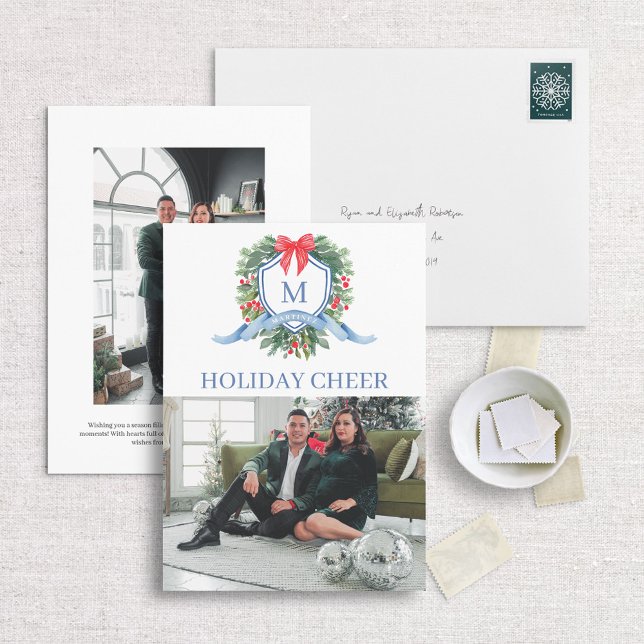 Preppy Monogram Crest Holiday Photo Card (Creator Uploaded)