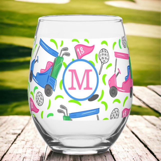 Preppy Monogram Golf Pink Blue Golf Cart Pattern Stemless Wine Glass (Creator Uploaded)