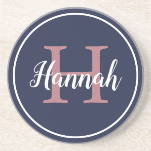 Preppy Monogram Navy Blue Calligraphy Name Coaster