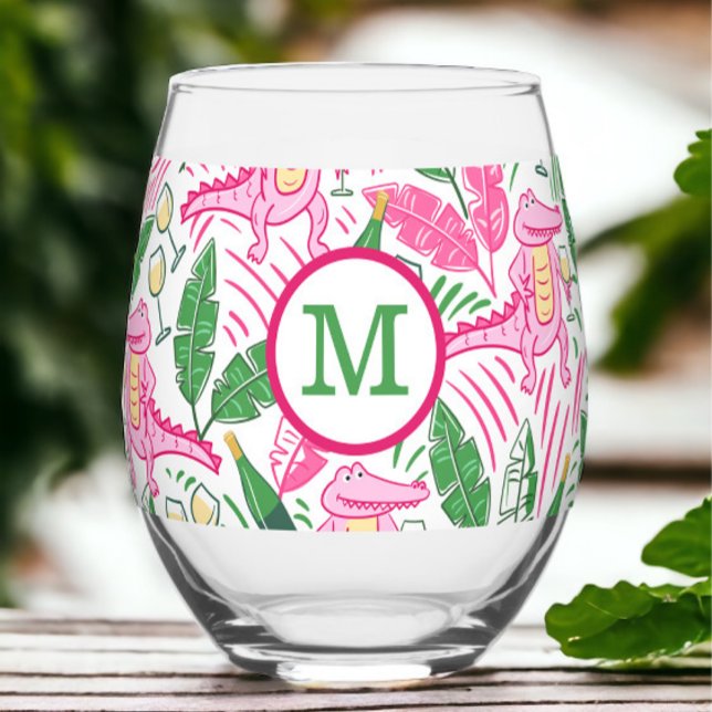 Preppy Monogram Pink Alligator Wine  Stemless Wine Glass (Creator Uploaded)