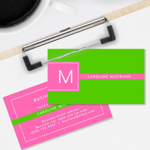 Preppy Monogram Pink and Lime Green Professional Business Card