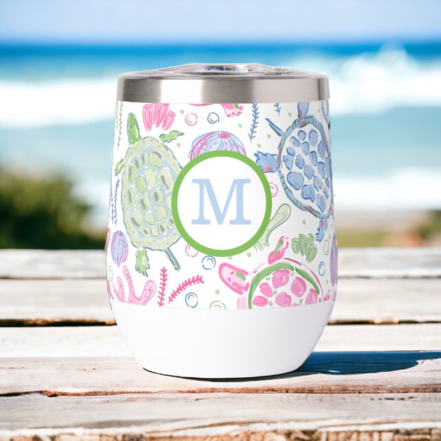 Preppy Monogram Pink Blue Sea Turtles  (Creator Uploaded)