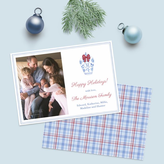 Preppy Monogram Red Bow Family Christmas Photo Holiday Card (Elegant monogram Ginger Jar with red bow photo Christmas Cards with tartan backer)