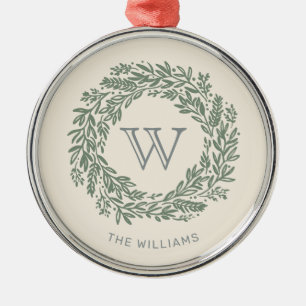 Preppy Monogram Sage Green Wreath Metal Tree Decoration