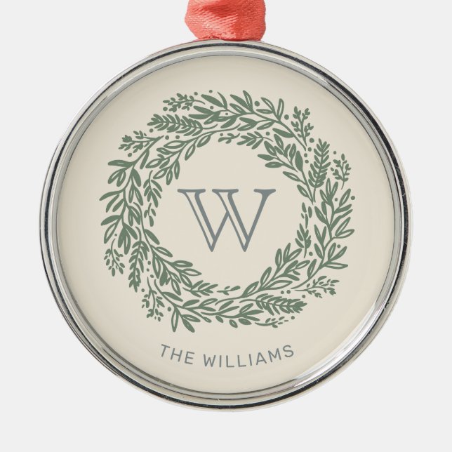 Preppy Monogram Sage Green Wreath Metal Tree Decoration (Front)