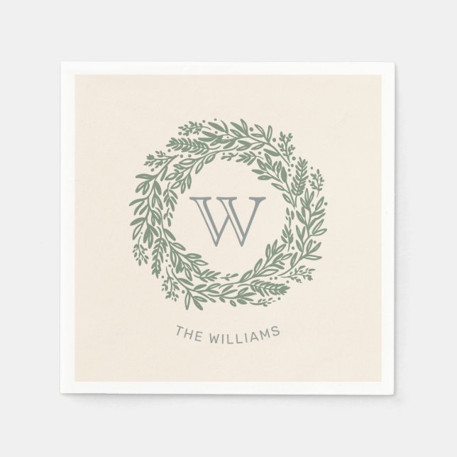 Preppy Monogram Sage Green Wreath Napkin (Front)