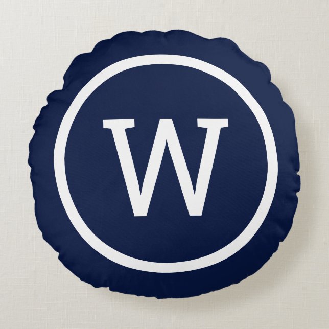 Preppy Monogram Stylish Modern Navy Blue Round Cushion (Front)