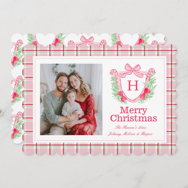 Preppy Monogram Watercolor Christmas Wreath Holly Holiday Card (Front/Back)