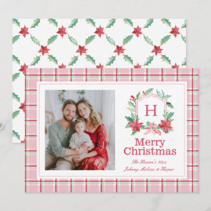 Preppy Monogram Watercolor Christmas Wreath Holly Holiday Card
