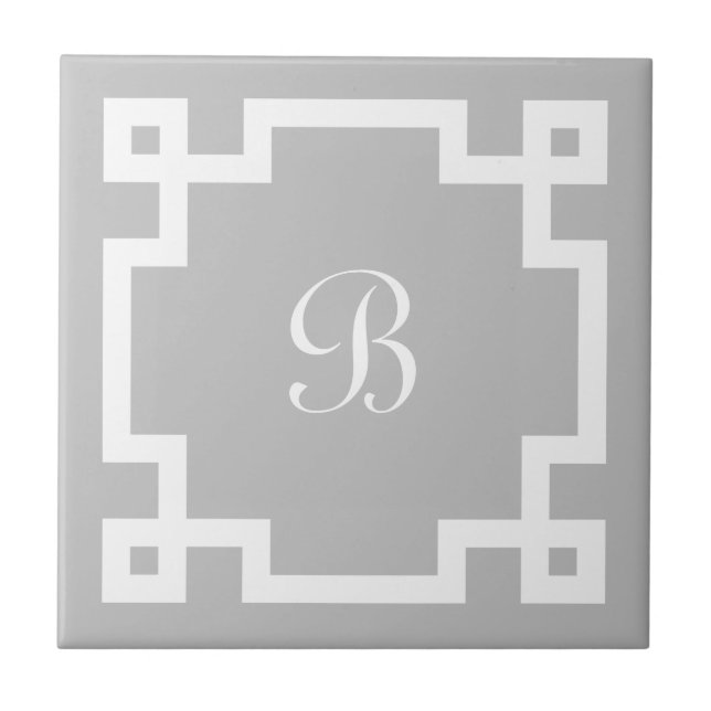 Preppy Monogram White Greek Key Border Grey Tile (Front)
