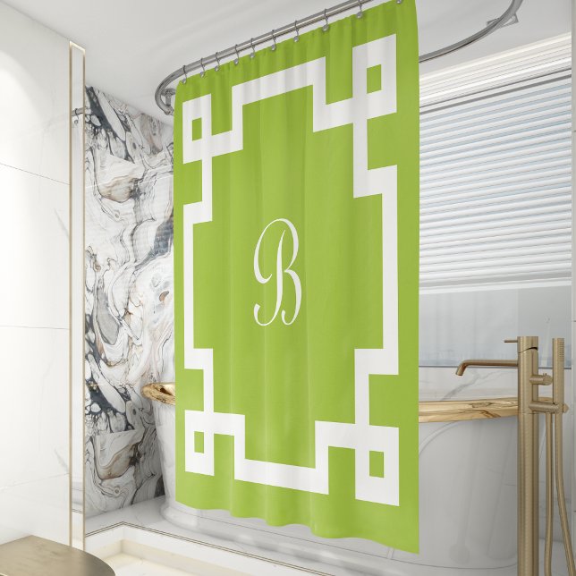 Preppy Monogram White Greek Key Border Lime Green Shower Curtain (Creator Uploaded)