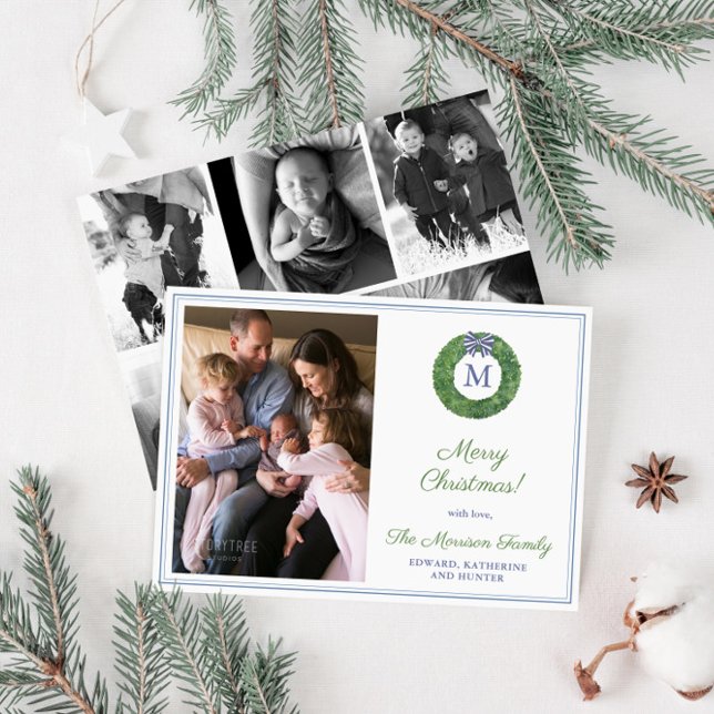Preppy Monogram Wreath Photo Collage Christmas Holiday Card (Smart Boxwood wreath Merry Christmas Cards with monogram and family photo collage. )