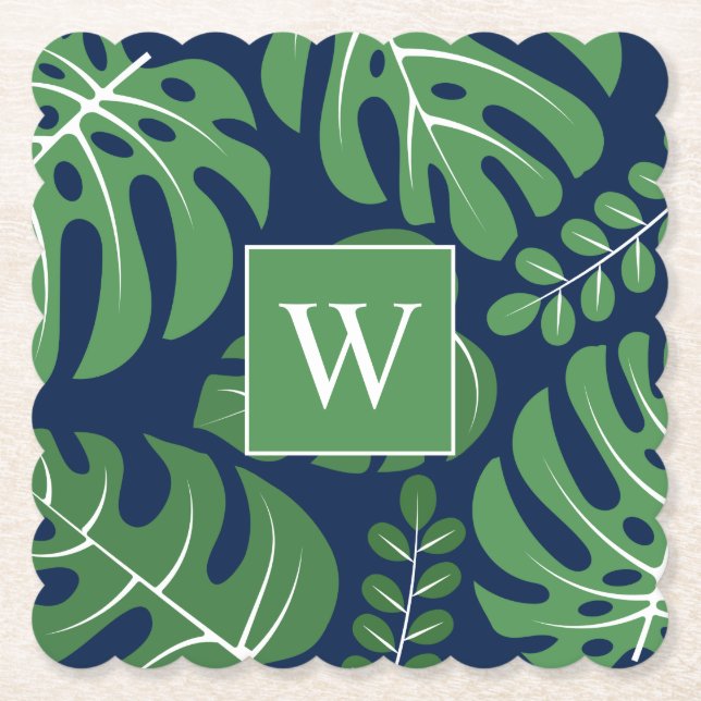 Preppy Monogrammed Monstera Palm Leaf Paper Coaster (Front)