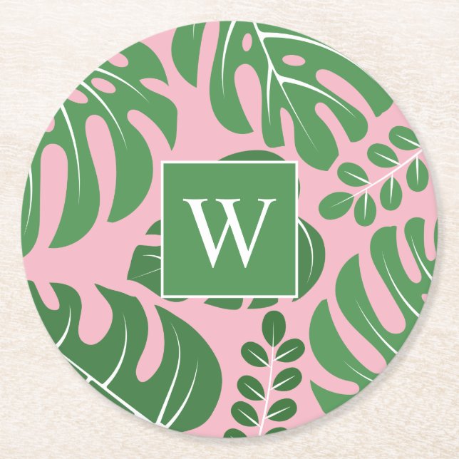 Preppy Monogrammed Monstera Palm Leaf Round Paper Coaster (Front)