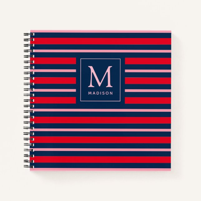 Preppy Monogrammed Striped Spiral Notebook (Front)