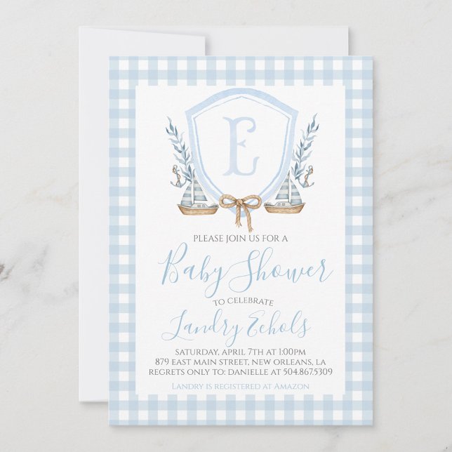 Preppy Nautical Blue Sailboat Boy Baby Shower Invitation (Creator Uploaded)