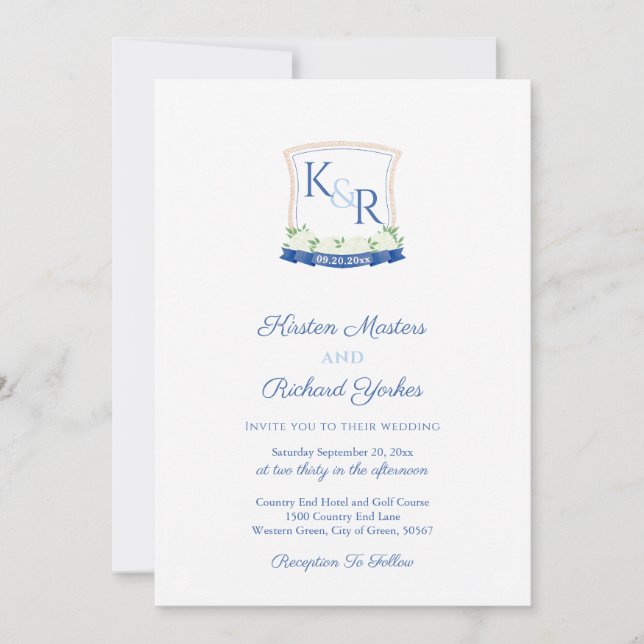 Preppy Nautical Blue White Monogram Crest Wedding Invitation (Front)