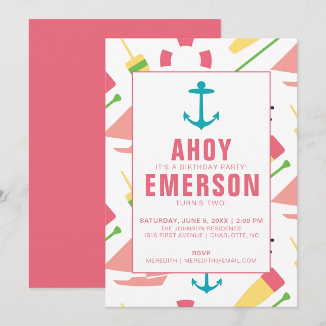 Preppy Nautical Children's Birthday Party Girl Invitation (Front/Back)