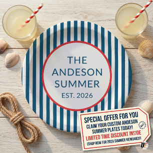 Preppy Nautical Navy Blue Striped Custom Family Su Paper Plate