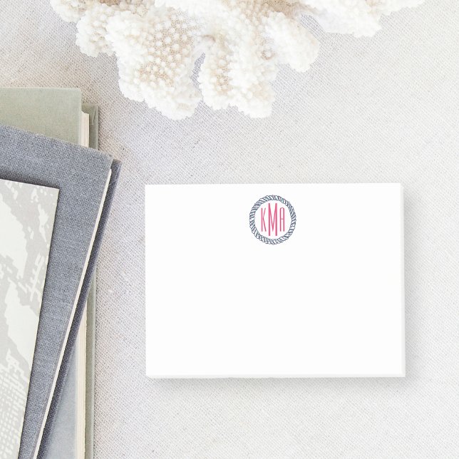 Preppy Nautical Navy & Pink Rope Monogram Post-it Notes (Creator Uploaded)